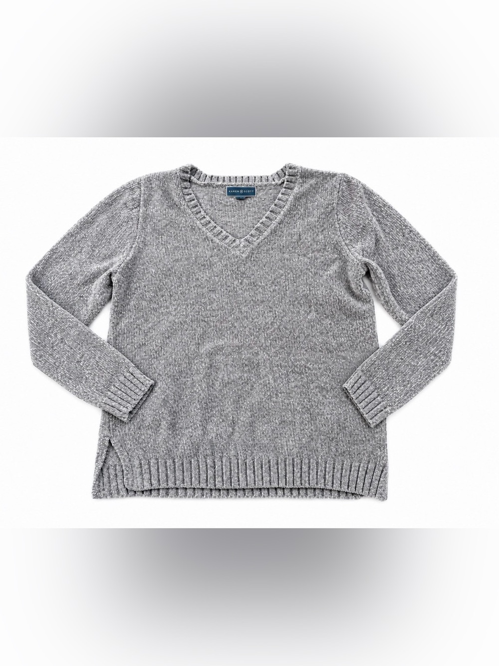 Karen Scott Soft Gray V-Neck Chenille Sweater